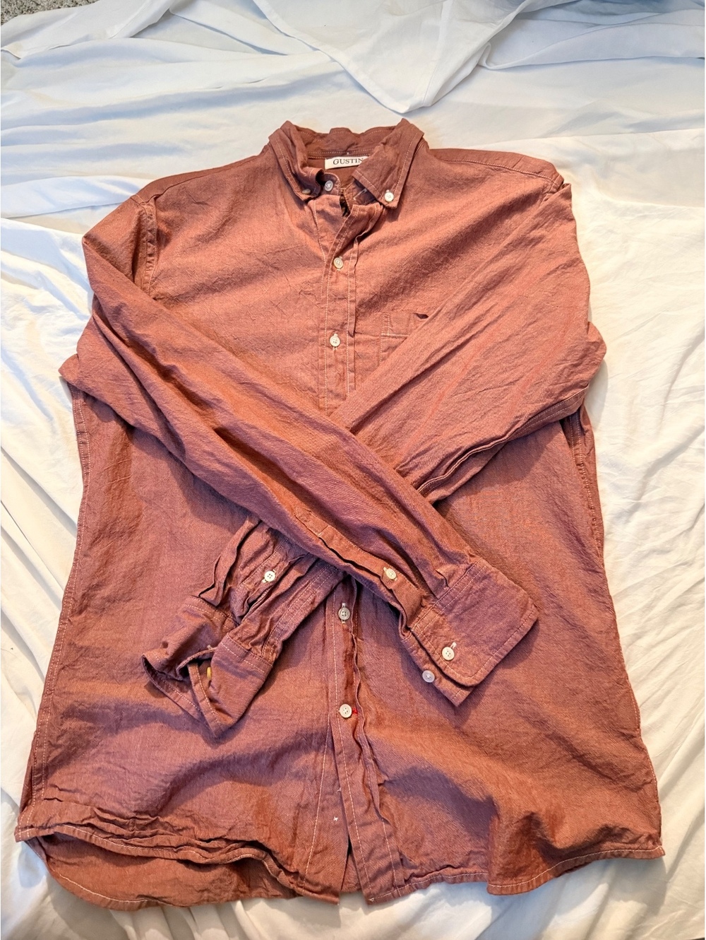 Gustin Men's Long Sleeve Button-Down Shirt Large Rust Red 100% Cotton Made in US